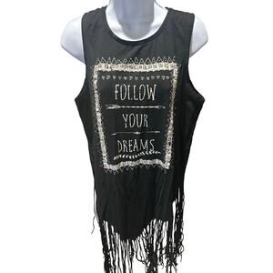 Upcycled fringe tank shirt “follow your dreams”